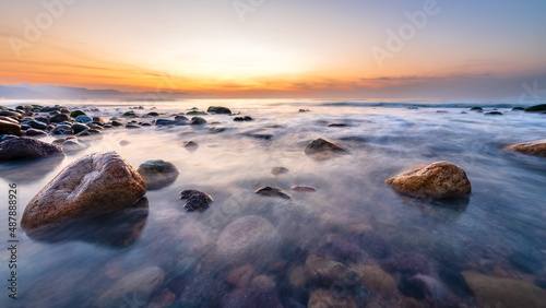 Schilderij op canvas Landscape Wave Ocean Sunset High Resolution 16:9 Ratio