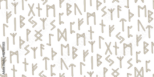 Runes seamless pattern. Runic alphabet, Futhark. Ancient norse occult symbols, writing ancient Germans and Scandinavians. Mystical, esoteric, magic symbols. Fortune telling, predicting future. Vector