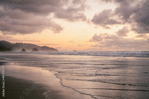 Cannon Beach at sunset with dramatic sky