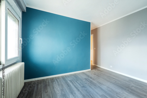 empty bedroom with plain green wall and gray parquet floors with wrought iron radiator