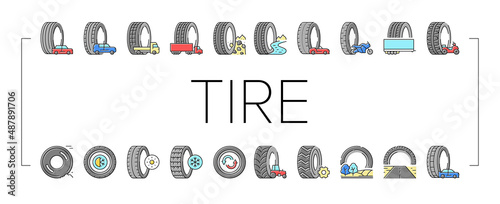 Used Tire Sale Shop Business Icons Set Vector .