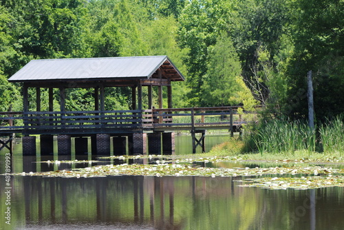 wooden gazebo on the pond