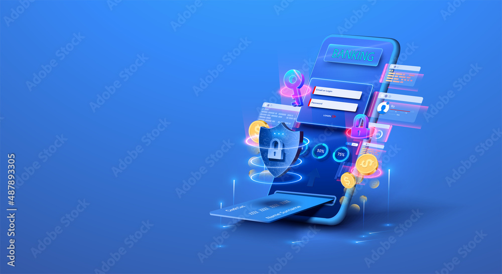 Online banking, login, protection, The concept of a smart wallet with an application for payment by credit and debit cards. Gadget of future, smartphone payment technology. Online payment, security