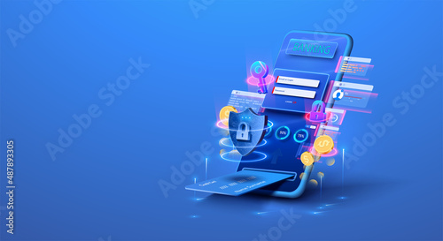 Online banking, login, protection, The concept of a smart wallet with an application for payment by credit and debit cards. Gadget of future, smartphone payment technology. Online payment, security