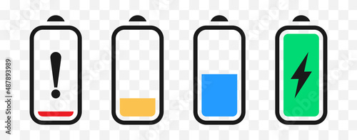 Battery icon set colors vector. Isolated smartphone battery level icons collection. Batteries status symbols. Loading battery concept. Ui element : full, low, empty energy. Vector illustration. photo