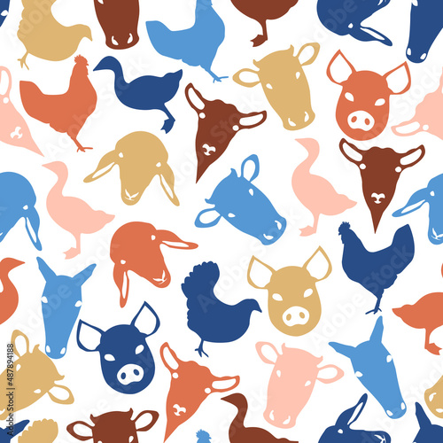 Fototapeta Naklejka Na Ścianę i Meble -  Farm Animal Pattern Design with Cow, Chicken, Goose, Pig, Sheep, Goat and Rooster