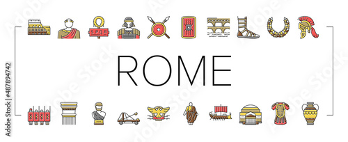 Ancient Rome Antique History Icons Set Vector .