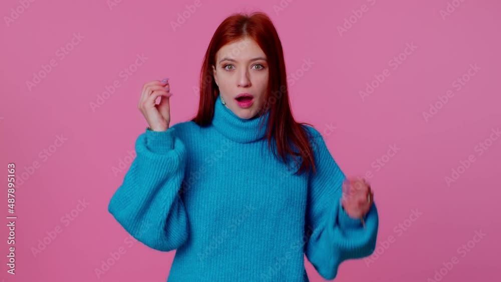 Excited amazed teenager student girl 20s raising hands in surprise looking shocked surprised wow showing hands brain explosion head gesture. Sincere young adult woman isolated on pink wall background Excited amazed teenager student girl 20s raising hands in surprise looking shocked surprised wow showing hands brain explosion head gesture. Sincere young adult woman isolated on pink wall background