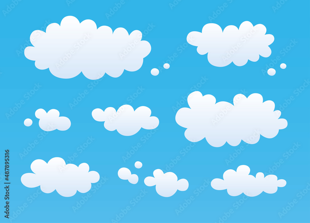 White clouds in a blue sky background, flat vector set.