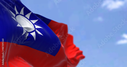 Detail of the national flag of Taiwan - Republic of China waving in the wind on a clear day photo