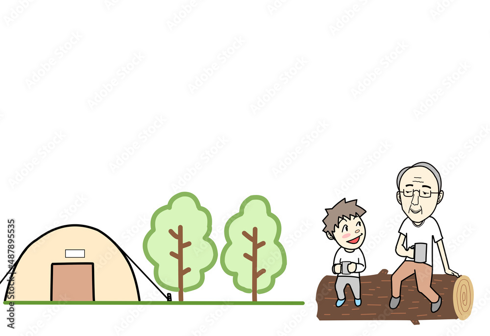 Grandpa and grandson drinking coffee at camp. Grandpa and grandson drinking coffee at camp.