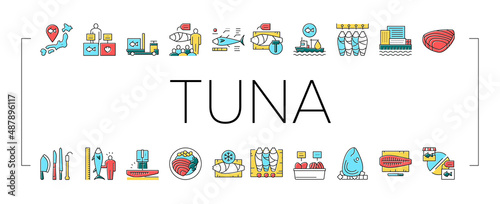 Tuna Auction Tsukiji Market Collection Icons Set Vector .
