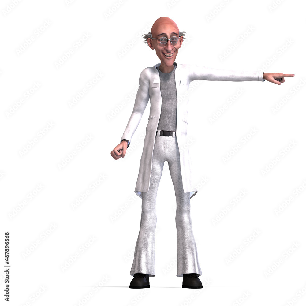 3D-illustration of a cute and funny mad scientist pointing this direction