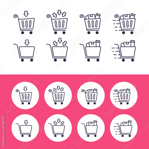 Add to chart retail shopping cart trolley icon outline style collection with condition set from empty, full item filled, and in delivery process