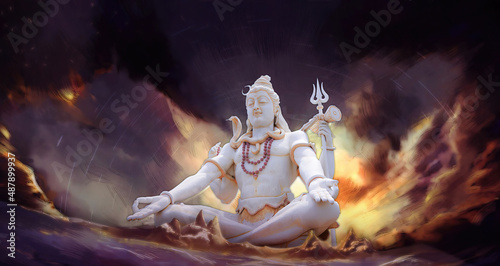 Shiv doing meditation painting, Lord Shiv with clouds and Sun Rays, God Mahadev 3d mural 3D illustration for Maha Shivratri photo