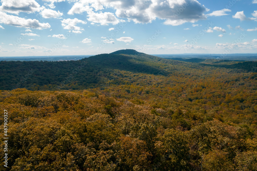 Aerial Drone View of Fall Forest With Foliage Amongst Blue Cloudy Skies