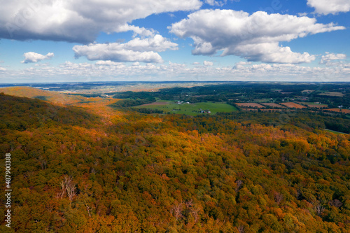 Fototapeta Naklejka Na Ścianę i Meble -  Aerial Drone View of Fall Forest With Foliage Amongst Blue Cloudy Skies