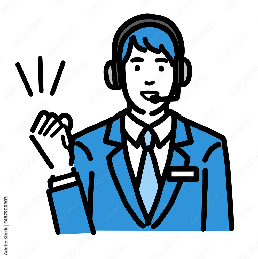 笑顔でガッツポーズをしているオペレーターの若い男性
