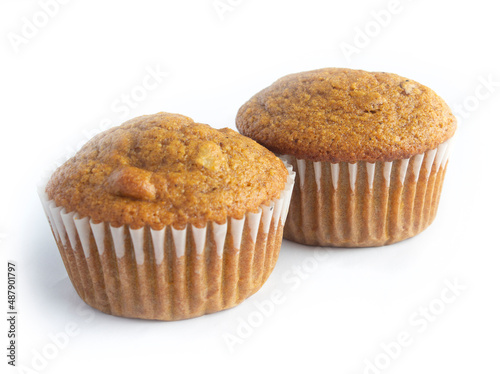 Pumpkin Spice Muffins (2) with Walnuts that were Homemade Isolated on White
