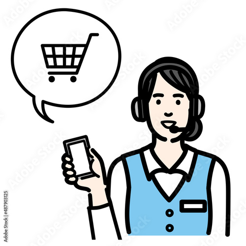 スマホを持ってオンラインショッピングの説明をしているオペレーターの若い女性
