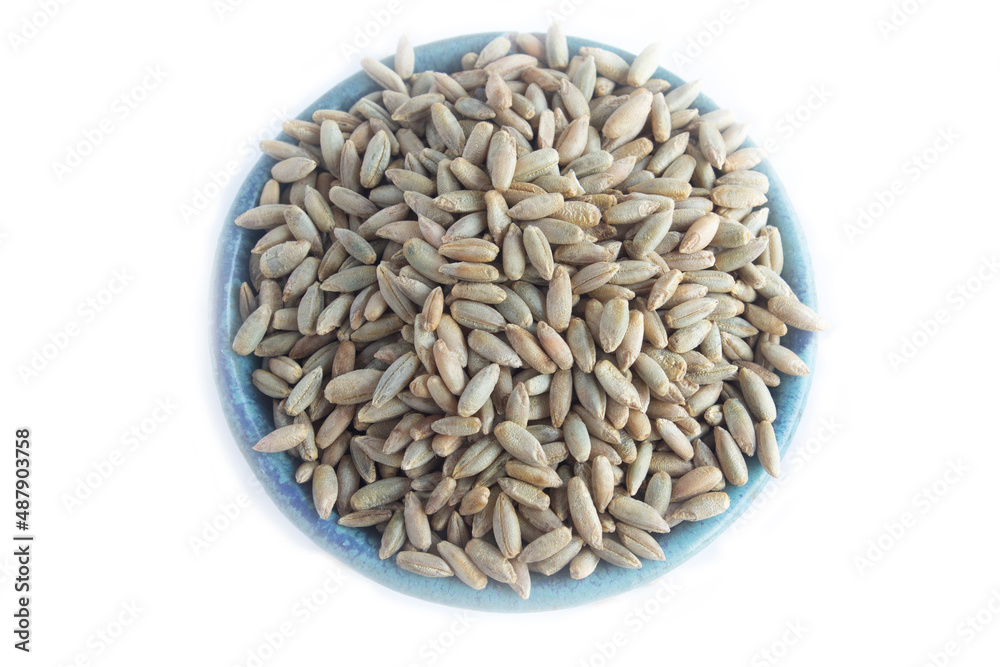 Close Up of Rye Berries or Grains in Small Bowl Isolated on White