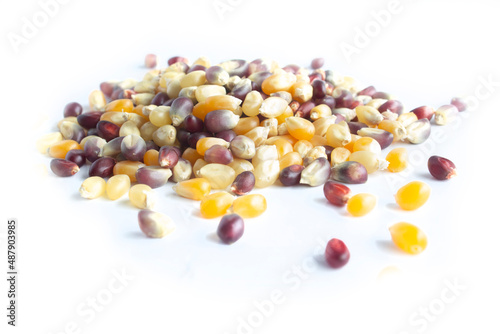 Multi Colored Rainbow Popcorn Kernels in Heap or Pile in Point of View Shot