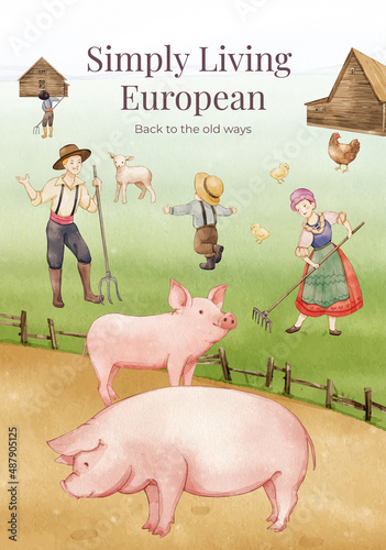 Poster template with European folk farm life concept,watercolor style