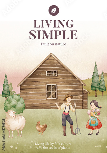 Poster template with European folk farm life concept,watercolor style