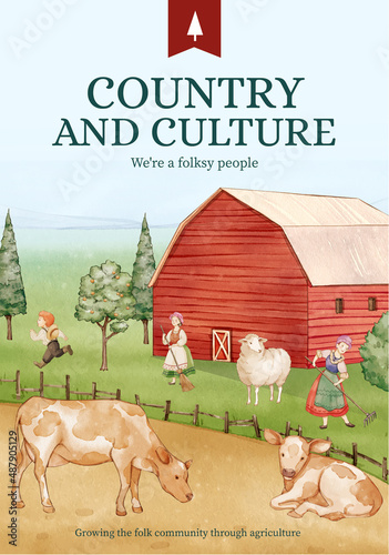 Poster template with European folk farm life concept,watercolor style