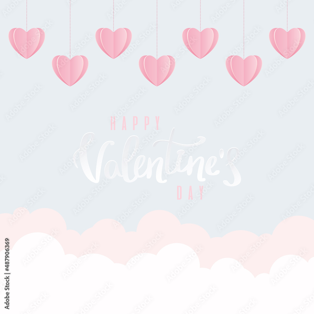 Colored valentine day poster with hanging heart shapes Vector