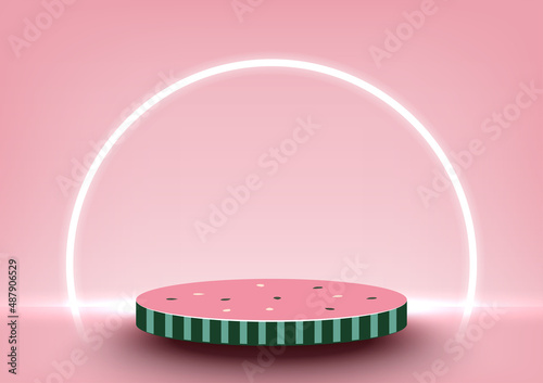 Watermelon pattern podium blank space for product display decorative with round-shaped neon lighting on Pink background. Minimal style. Vector illustration.