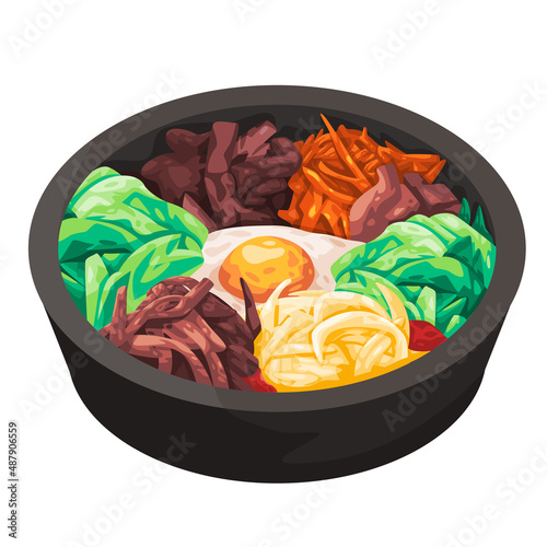 Bibimbap traditional south korean cuisine vegetables kimchi rice and yolk food drawing illustration