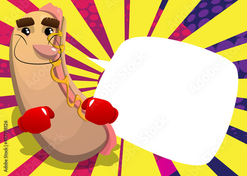 Hot Dog holding his fists in front of him ready to fight wearing boxing gloves. American fast food as a cartoon character with face.