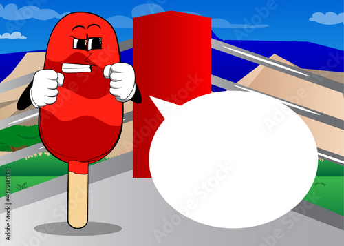 Ice Cream holding his fists in front of him ready to fight. Summer refreshment, sweet food as a cartoon character with face.