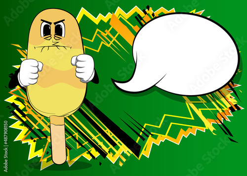 Ice Cream holding his fists in front of him ready to fight. Summer refreshment, sweet food as a cartoon character with face.