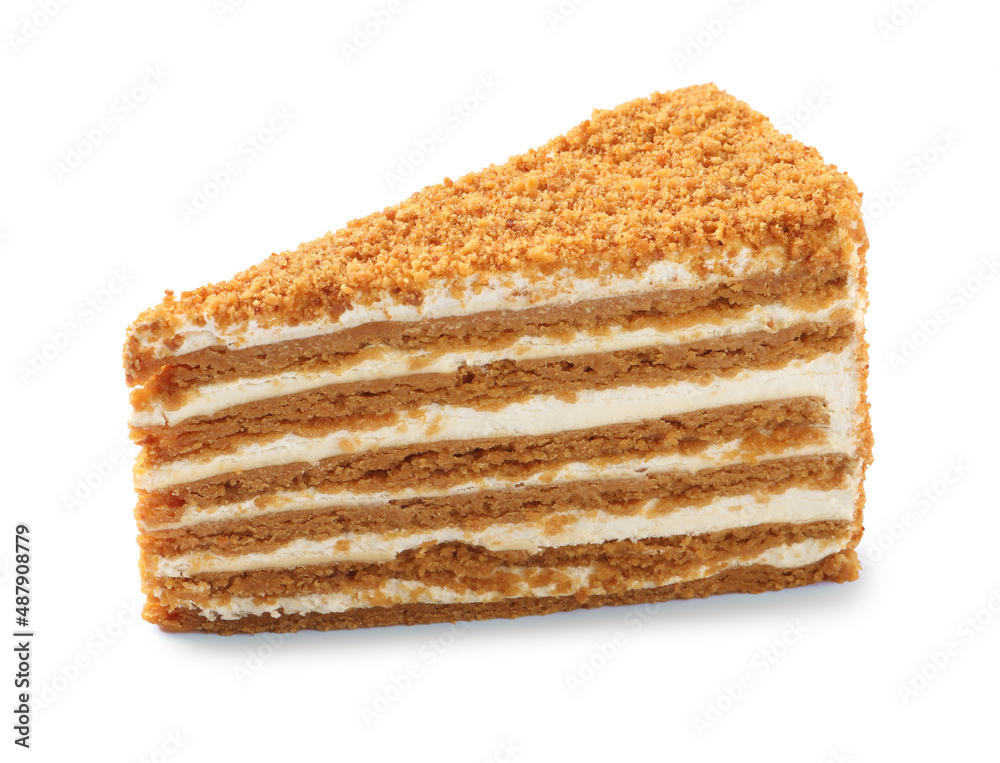 Slice of delicious honey cake isolated on white Slice of delicious honey cake isolated on white