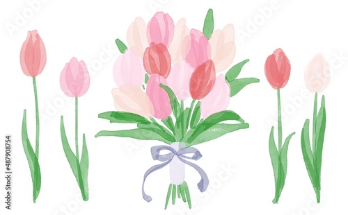                                                                                                    Watercolor painting. Watercolor tulip illustration. A bouquet of pink tulips.