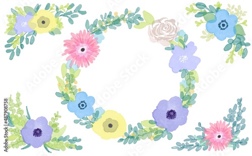Fototapeta Naklejka Na Ścianę i Meble -  水彩画。水彩で描いた花のフレーム。草木と花の装飾フレーム。Watercolor painting. Frame of flowers painted with watercolors. Decorative frame of plants and flowers.