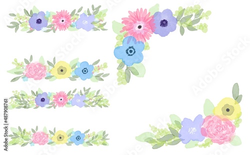 Fototapeta Naklejka Na Ścianę i Meble -  水彩画。水彩で描いた花のフレーム。草木と花の装飾フレーム。Watercolor painting. Frame of flowers painted with watercolors. Decorative frame of plants and flowers.