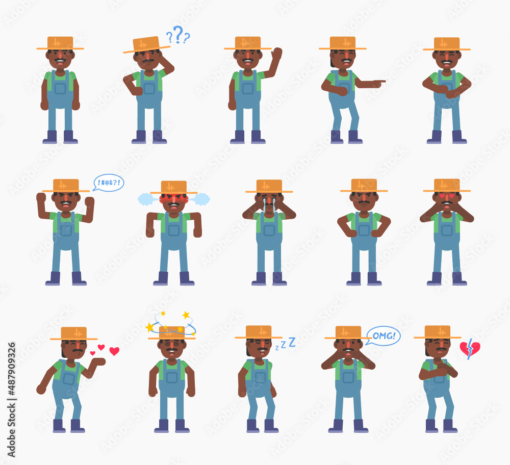 Black or indian farmer showing various emotions. Gardener crying, laughing, happy, tired, angry and showing other expressions. Modern vector illustration