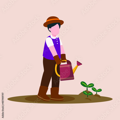 Grandma with cap watering small plant in the garden. People working in garden. Flat vector design.