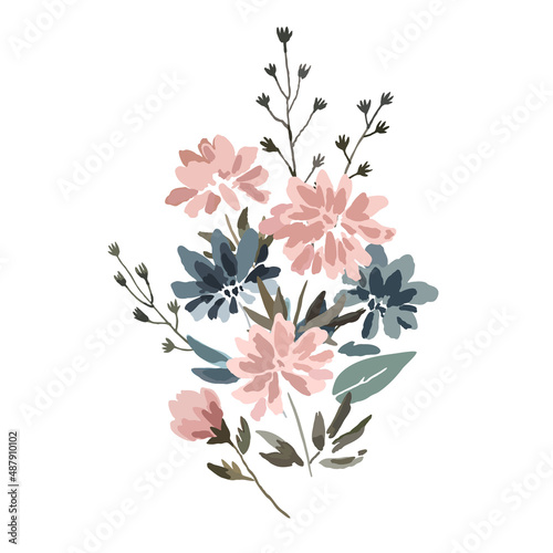 Fototapeta Naklejka Na Ścianę i Meble -  Decorative composition with cute delicate pastel flowers in watercolor style isolated on white background.