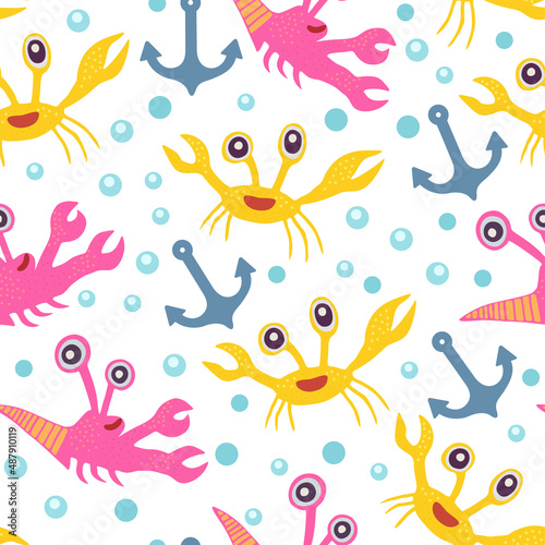 Cute seamless pattern with crabs.Cartoon doodle print with happy sea creatures for children and nursery textile and decor. © Yuliya