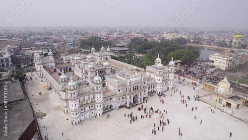 Janaki Temple in Janakpur as people are seen from aerial view on hazy day in Nepal. photo