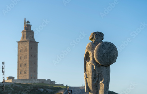 Statue and tower landscape in La Coruña Spain
