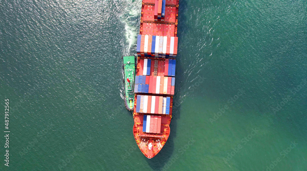 high angle view of the shipping system transport containers by cargo ships, international transport, export-import business, logistics