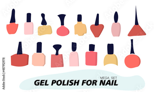 A set of jars with gel nail polish. Objects and materials for a beauty and fashion salon. Vector illustration.