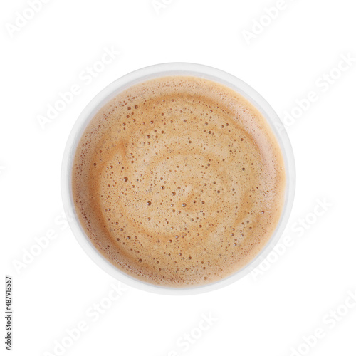 Styrofoam cup with coffee isolated on white, top view