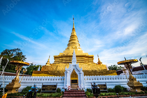 Golden Chedi, Wat Phra That Chae Haeng, an old temple in Nan, Thailand, 17 July 2019