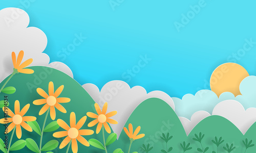 beautiful nature scenery paper cut art, spring blooming flowers illustration